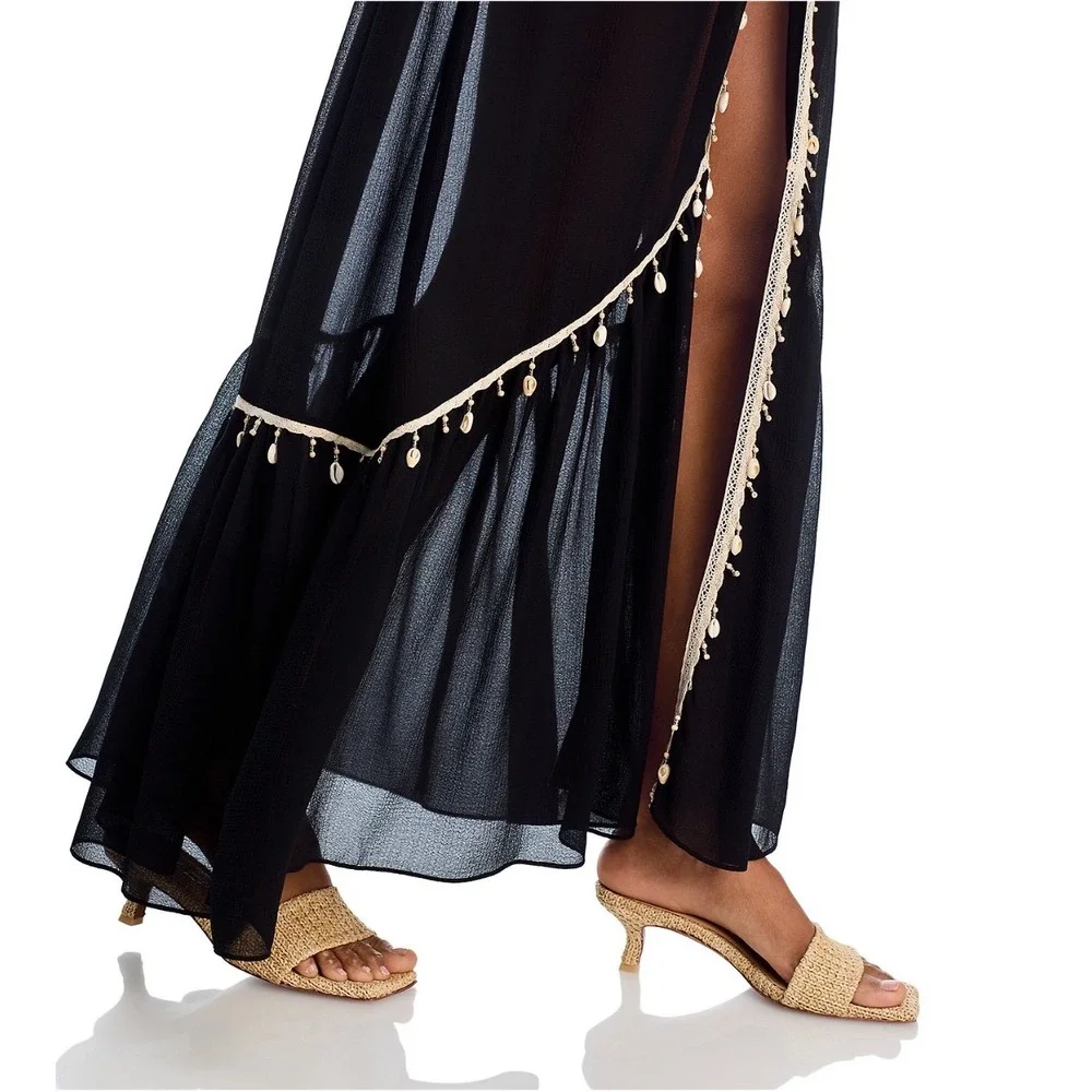 Ramy Brook Nikolai Cover Up Maxi Dress Black Shell Embellished XL NEW